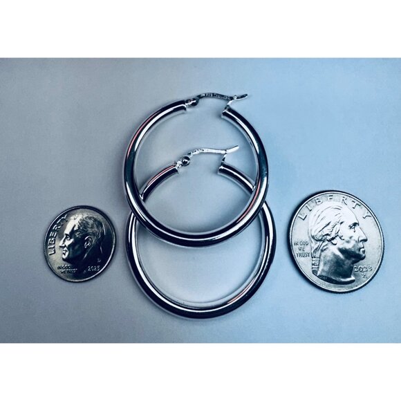 Vintage 925 Sterling Silver Hoop Earrings 31mm Thailand Estate Jewelry Classic - Picture 6 of 10